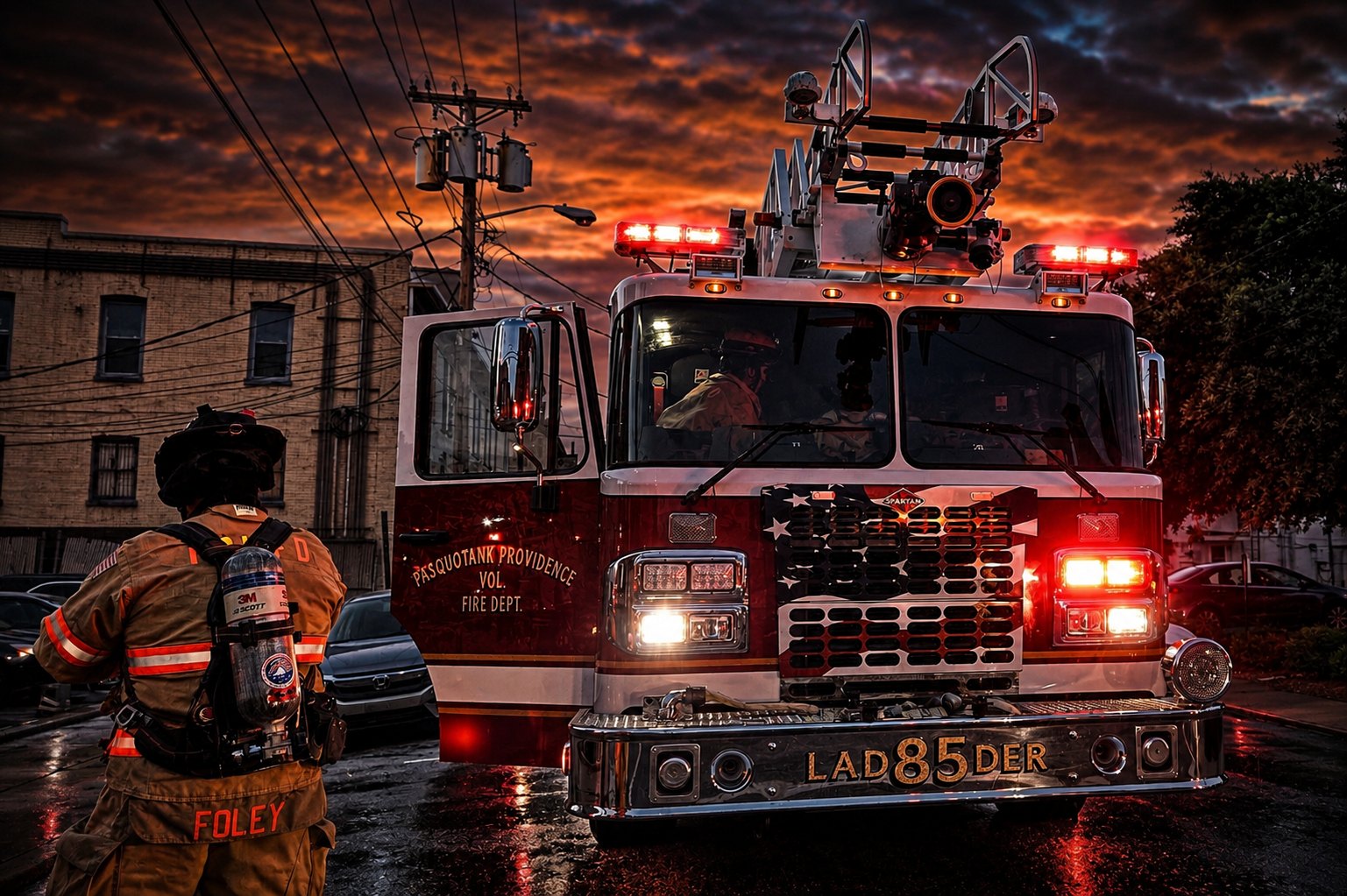 Pasquotank-Providence Ladder 85 and a firefighter at dusk